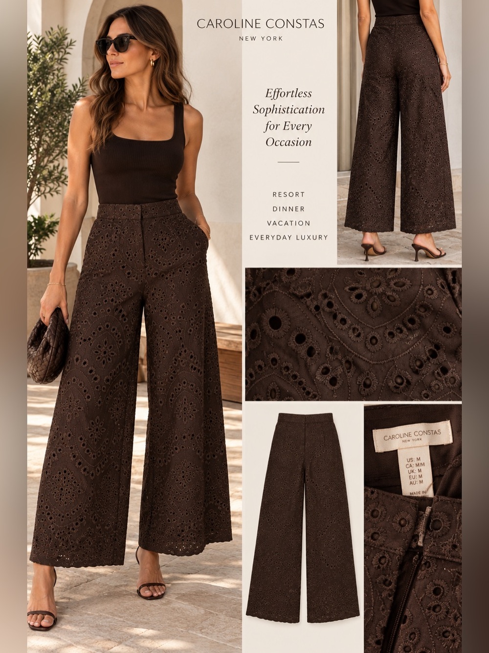 NWT Caroline Constas Chocolate Brown Eyelet Wide Leg Pants M